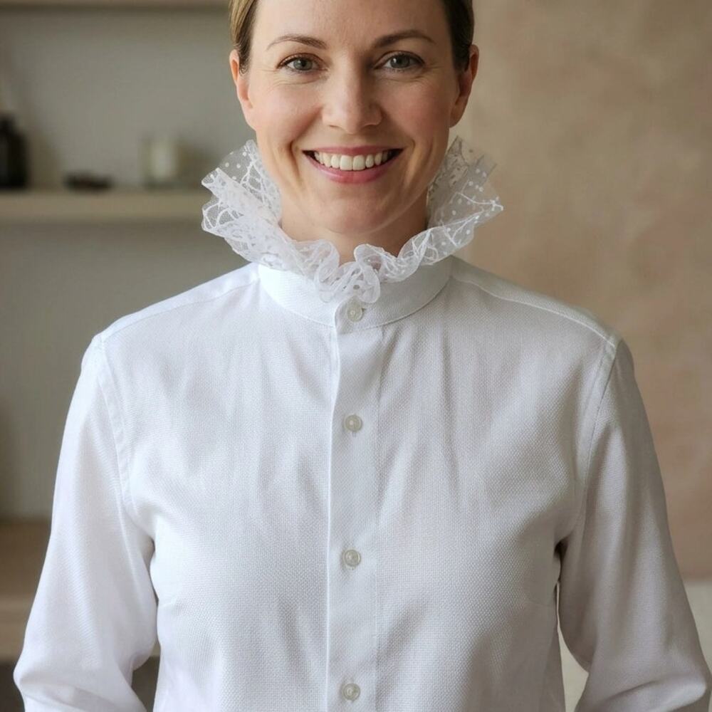 Upcycled J. Crew White Shirt with Embroidered Tulle Ruffle Collar